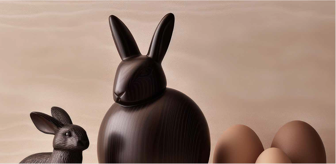 Elegant chocolate Easter bunnies and eggs